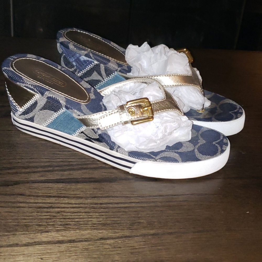 Coach Pristine Denima Patchwork Wedge Thong Sandal
